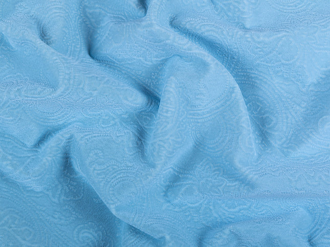 Sky Blue Colour Embossed Leaves Pattern Velvet Flock Easy Clean Sofa, Chair and Curtain Fabric