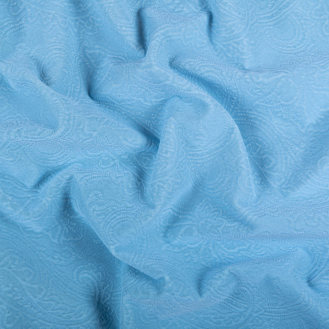 Sky Blue Colour Embossed Leaves Pattern Velvet Flock Easy Clean Sofa, Chair and Curtain Fabric