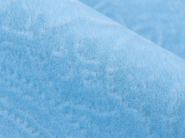Sky Blue Colour Embossed Leaves Pattern Velvet Flock Easy Clean Sofa, Chair and Curtain Fabric