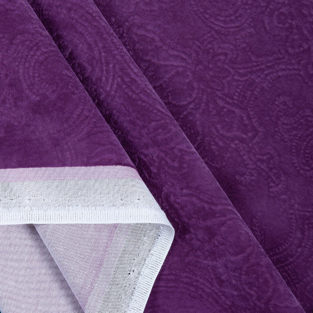 Purple Colour Embossed Leaves Pattern Velvet Flock Easy Clean Sofa, Chair and Curtain Fabric