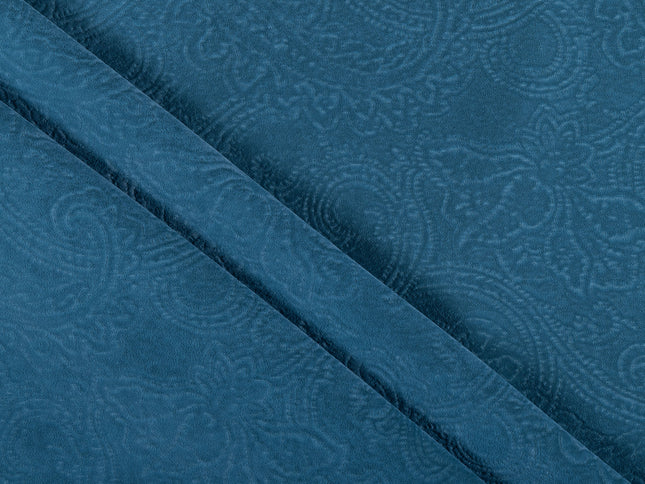Dark Aqua Blue Colour Embossed Leaves Pattern Velvet Flock Easy Clean Sofa, Chair and Curtain Fabric