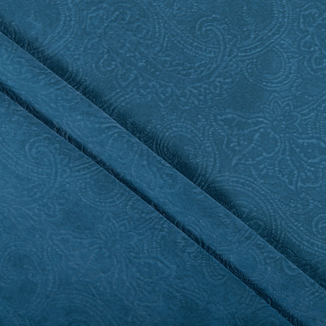Dark Aqua Blue Colour Embossed Leaves Pattern Velvet Flock Easy Clean Sofa, Chair and Curtain Fabric