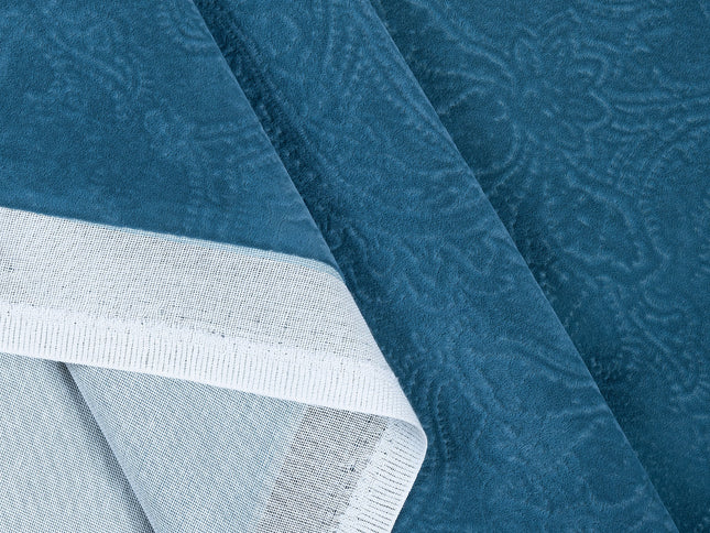 Dark Aqua Blue Colour Embossed Leaves Pattern Velvet Flock Easy Clean Sofa, Chair and Curtain Fabric