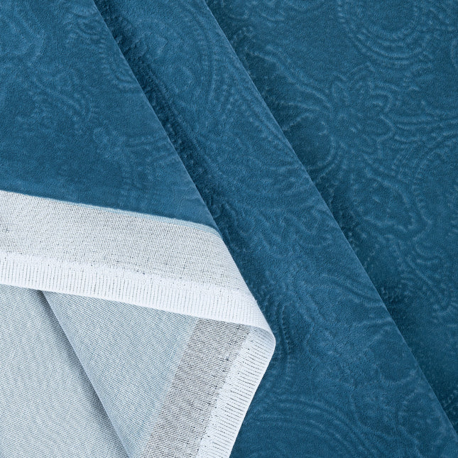 Dark Aqua Blue Colour Embossed Leaves Pattern Velvet Flock Easy Clean Sofa, Chair and Curtain Fabric
