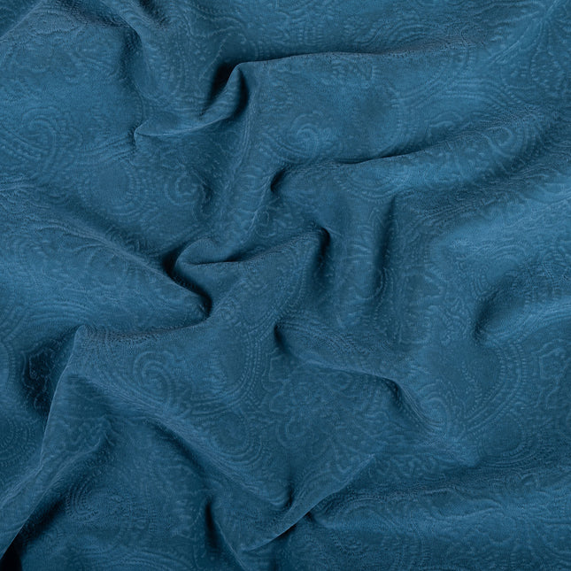 Dark Aqua Blue Colour Embossed Leaves Pattern Velvet Flock Easy Clean Sofa, Chair and Curtain Fabric