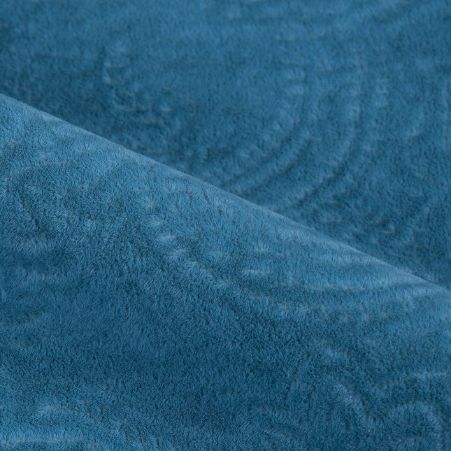 Dark Aqua Blue Colour Embossed Leaves Pattern Velvet Flock Easy Clean Sofa, Chair and Curtain Fabric