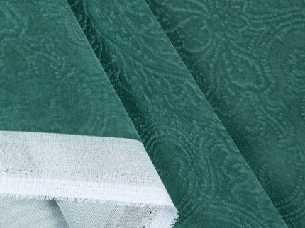 Emerald Green Colour Embossed Leaves Pattern Velvet Flock Easy Clean Sofa, Chair and Curtain Fabric