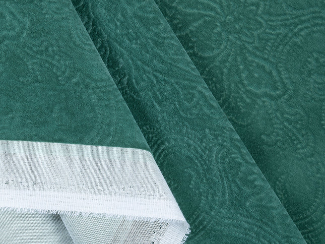 Emerald Green Colour Embossed Leaves Pattern Velvet Flock Easy Clean Sofa, Chair and Curtain Fabric