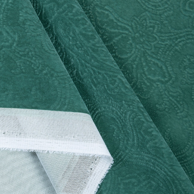 Emerald Green Colour Embossed Leaves Pattern Velvet Flock Easy Clean Sofa, Chair and Curtain Fabric