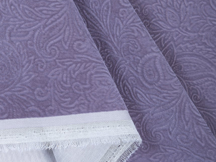 Mauve Violet Colour Embossed Leaves Pattern Velvet Flock Easy Clean Sofa, Chair and Curtain Fabric