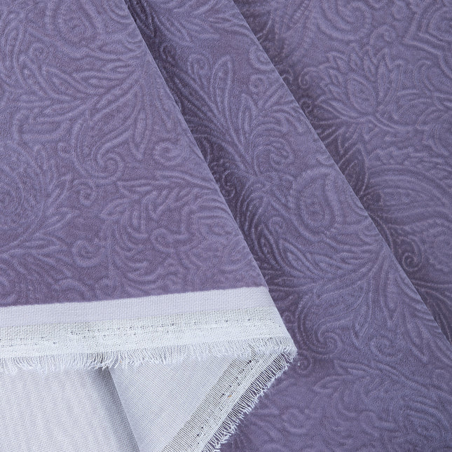 Mauve Violet Colour Embossed Leaves Pattern Velvet Flock Easy Clean Sofa, Chair and Curtain Fabric