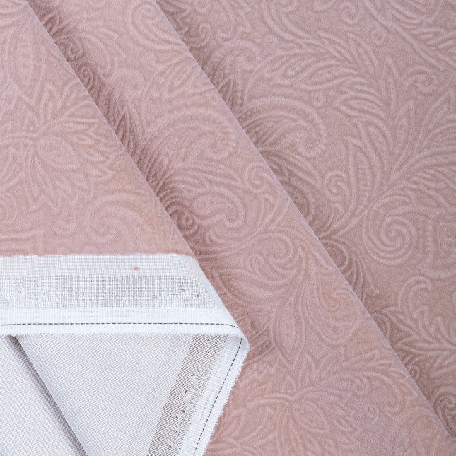 Peach Colour Embossed Leaves Pattern Velvet Flock Easy Clean Sofa, Chair and Curtain Fabric