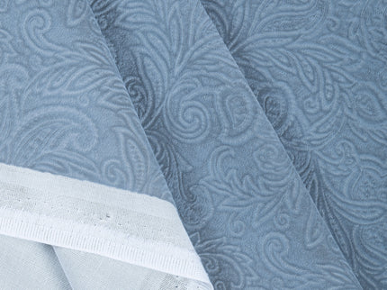Light Sage Green Colour Embossed Leaves Pattern Velvet Flock Easy Clean Sofa, Chair and Curtain Fabric