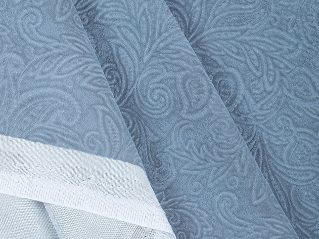 Light Sage Green Colour Embossed Leaves Pattern Velvet Flock Easy Clean Sofa, Chair and Curtain Fabric