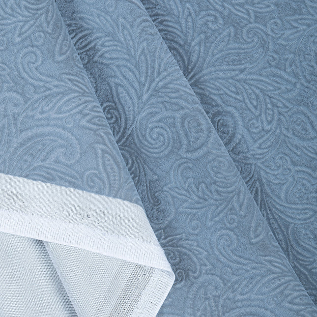 Light Sage Green Colour Embossed Leaves Pattern Velvet Flock Easy Clean Sofa, Chair and Curtain Fabric
