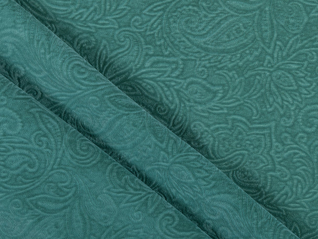 Emerald Green Colour Embossed Leaves Pattern Velvet Flock Easy Clean Sofa, Chair and Curtain Fabric
