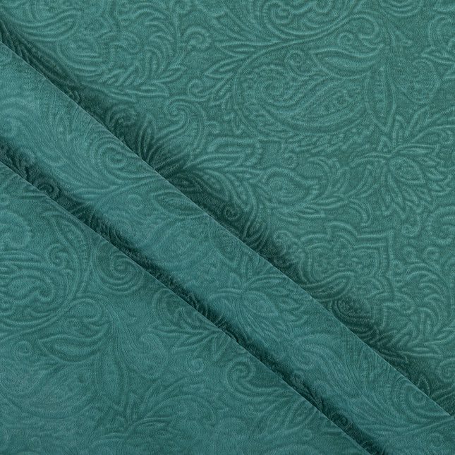 Emerald Green Colour Embossed Leaves Pattern Velvet Flock Easy Clean Sofa, Chair and Curtain Fabric