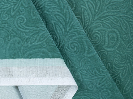 Emerald Green Colour Embossed Leaves Pattern Velvet Flock Easy Clean Sofa, Chair and Curtain Fabric