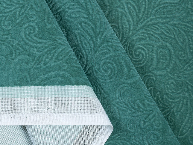 Emerald Green Colour Embossed Leaves Pattern Velvet Flock Easy Clean Sofa, Chair and Curtain Fabric
