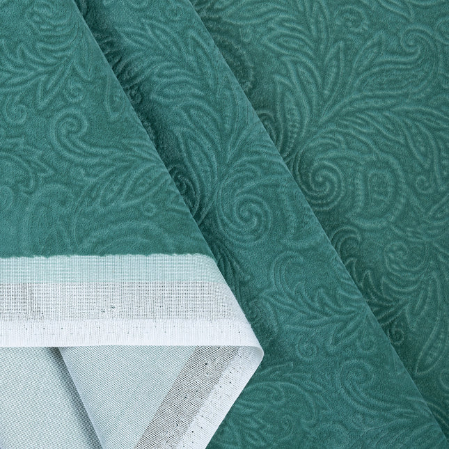 Emerald Green Colour Embossed Leaves Pattern Velvet Flock Easy Clean Sofa, Chair and Curtain Fabric