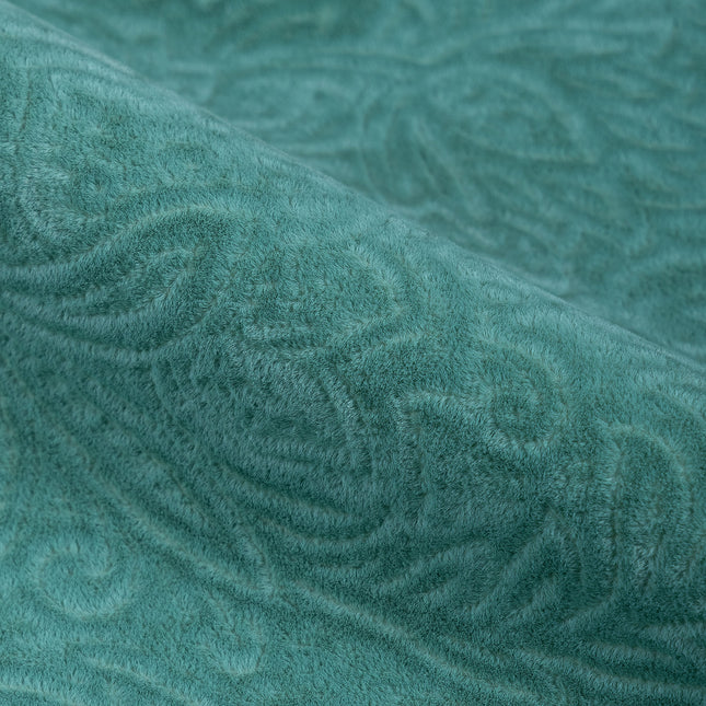 Emerald Green Colour Embossed Leaves Pattern Velvet Flock Easy Clean Sofa, Chair and Curtain Fabric
