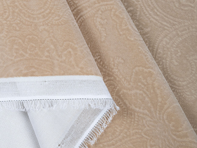 Light Camel Colour Embossed Leaves Pattern Velvet Flock Easy Clean Sofa, Chair and Curtain Fabric
