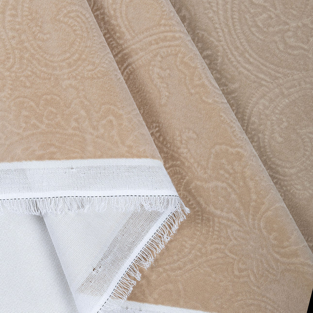 Light Camel Colour Embossed Leaves Pattern Velvet Flock Easy Clean Sofa, Chair and Curtain Fabric