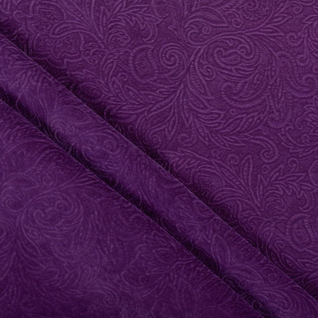 Dark Purple Colour Embossed Leaves Pattern Velvet Flock Easy Clean Sofa, Chair and Curtain Fabric