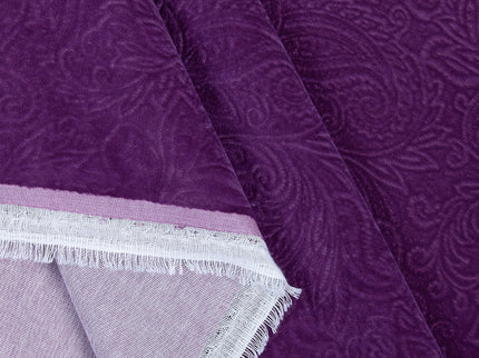 Dark Purple Colour Embossed Leaves Pattern Velvet Flock Easy Clean Sofa, Chair and Curtain Fabric