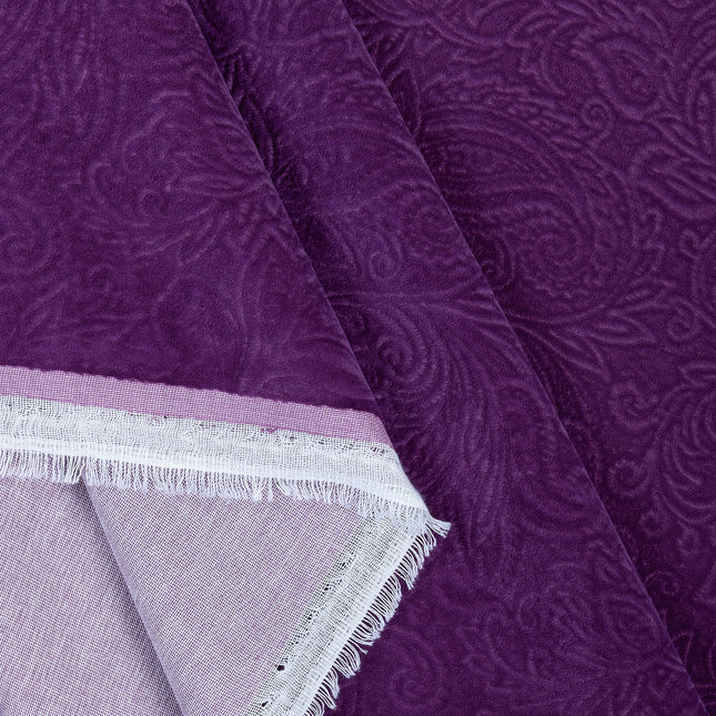 Dark Purple Colour Embossed Leaves Pattern Velvet Flock Easy Clean Sofa, Chair and Curtain Fabric