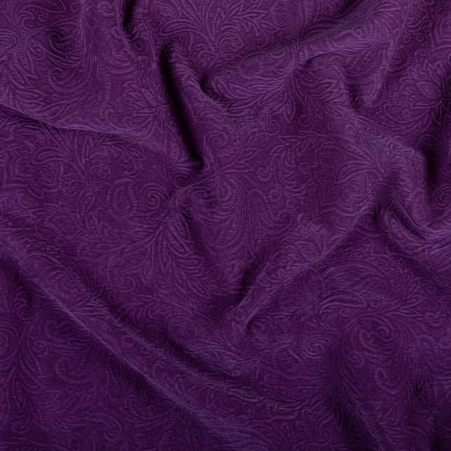 Dark Purple Colour Embossed Leaves Pattern Velvet Flock Easy Clean Sofa, Chair and Curtain Fabric