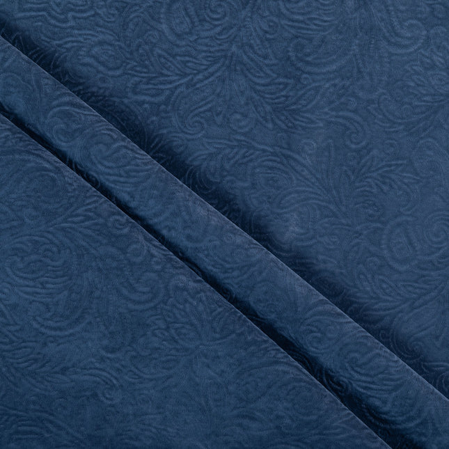 Dark Blue Grey Colour Embossed Leaves Pattern Velvet Flock Easy Clean Sofa, Chair and Curtain Fabric