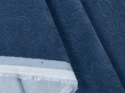 Dark Blue Grey Colour Embossed Leaves Pattern Velvet Flock Easy Clean Sofa, Chair and Curtain Fabric