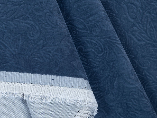 Dark Blue Grey Colour Embossed Leaves Pattern Velvet Flock Easy Clean Sofa, Chair and Curtain Fabric