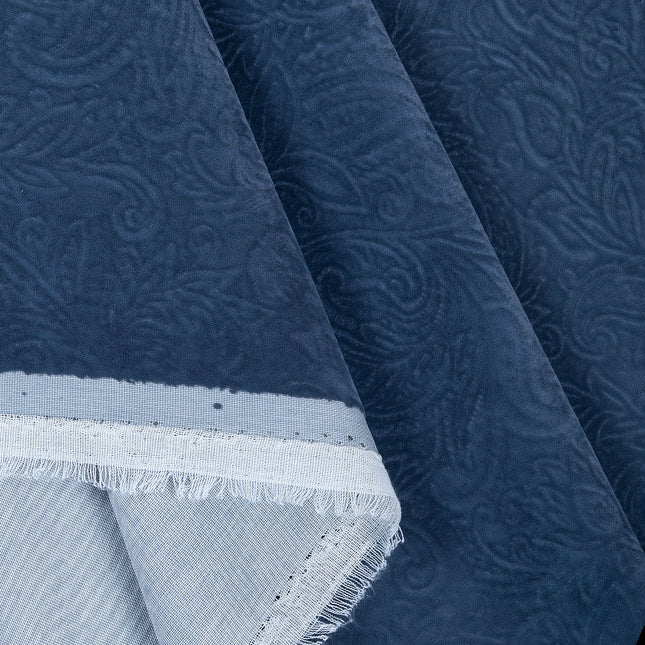 Dark Blue Grey Colour Embossed Leaves Pattern Velvet Flock Easy Clean Sofa, Chair and Curtain Fabric