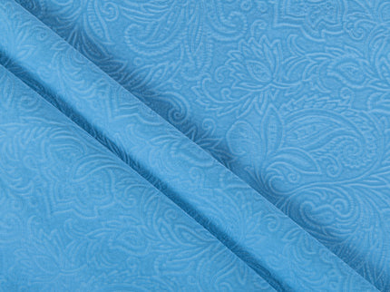 Turkish Blue Colour Embossed Leaves Pattern Velvet Flock Easy Clean Sofa, Chair and Curtain Fabric