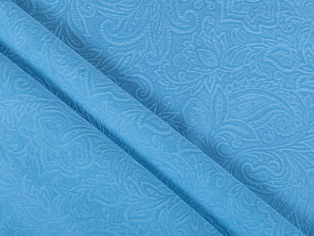 Turkish Blue Colour Embossed Leaves Pattern Velvet Flock Easy Clean Sofa, Chair and Curtain Fabric