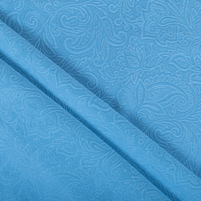 Turkish Blue Colour Embossed Leaves Pattern Velvet Flock Easy Clean Sofa, Chair and Curtain Fabric