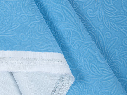 Turkish Blue Colour Embossed Leaves Pattern Velvet Flock Easy Clean Sofa, Chair and Curtain Fabric