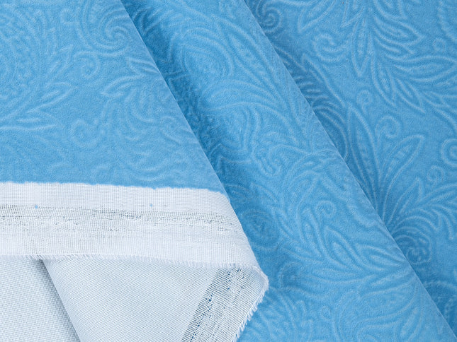 Turkish Blue Colour Embossed Leaves Pattern Velvet Flock Easy Clean Sofa, Chair and Curtain Fabric