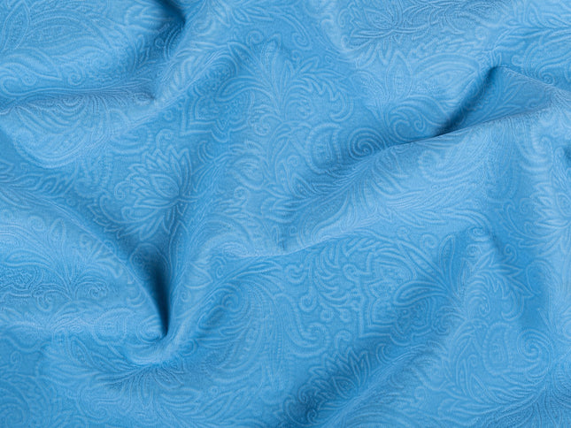 Turkish Blue Colour Embossed Leaves Pattern Velvet Flock Easy Clean Sofa, Chair and Curtain Fabric