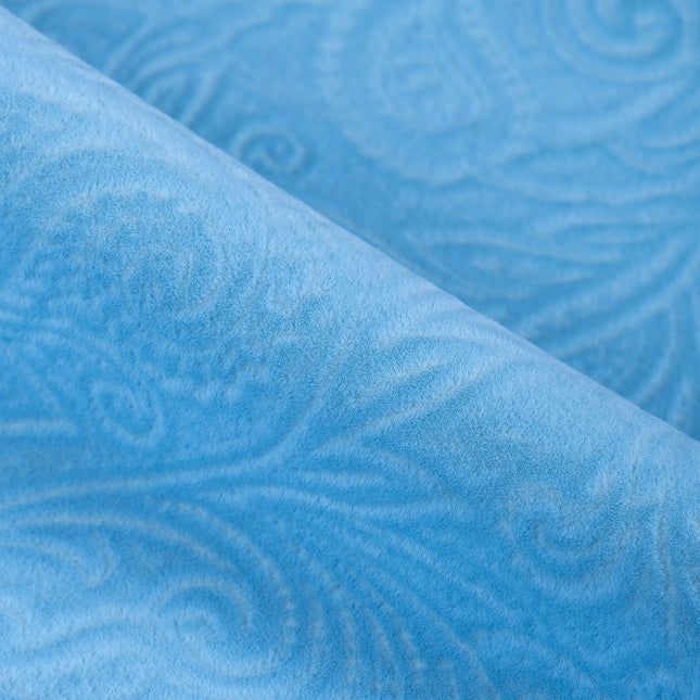 Turkish Blue Colour Embossed Leaves Pattern Velvet Flock Easy Clean Sofa, Chair and Curtain Fabric