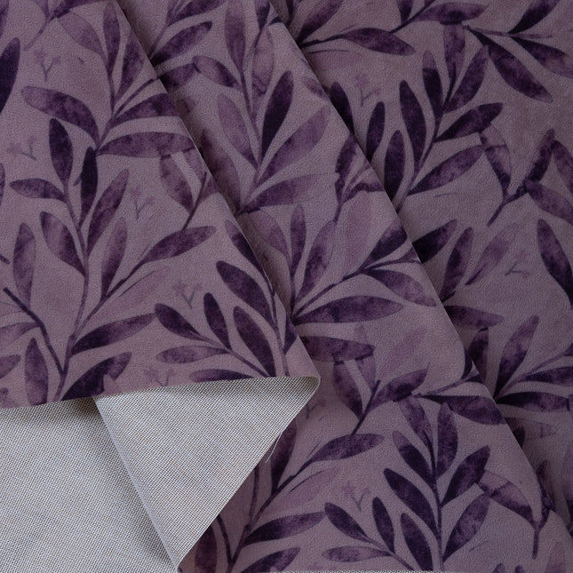 Purple Colour Leaves Pattern Velvet Readymade Curtain