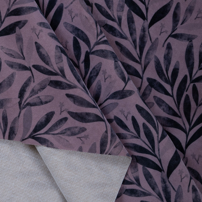 Grey Colour Leaves Pattern Velvet Readymade Curtain