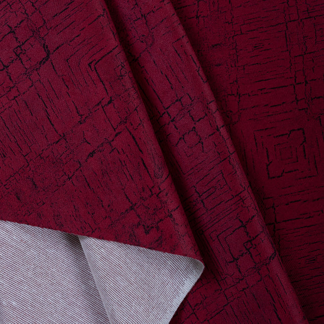 Wine Red Colour Geometric Pattern Suede Readymade Curtain
