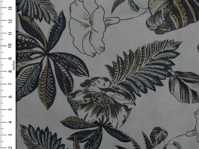 Olive Green and Mocha Brown Colour Floral and Leaves Pattern Velvet Curtain Fabric printed