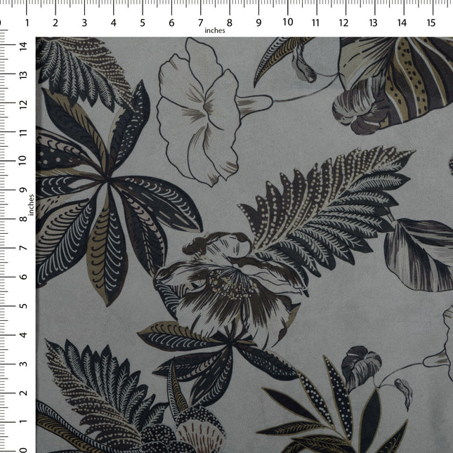 Olive Green and Mocha Brown Colour Floral and Leaves Pattern Velvet Curtain Fabric printed