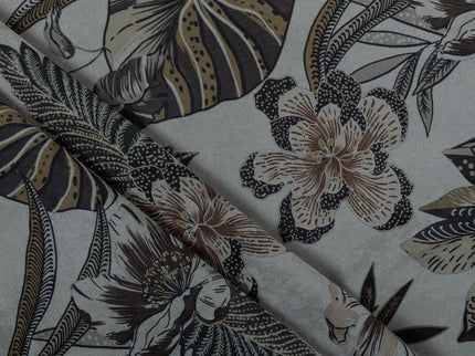 Olive Green and Mocha Brown Colour Floral and Leaves Pattern Velvet Curtain Fabric printed