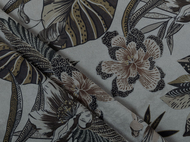 Olive Green and Mocha Brown Colour Floral and Leaves Pattern Velvet Curtain Fabric printed