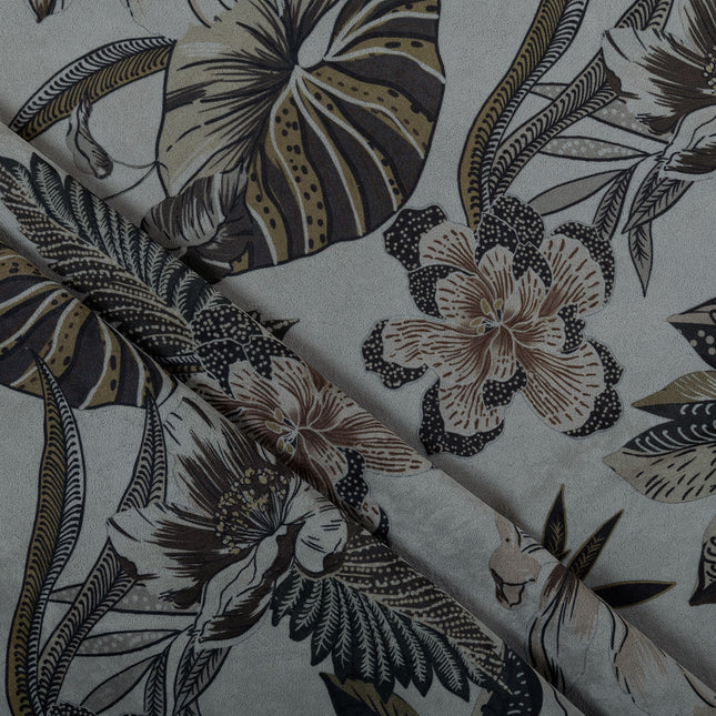 Olive Green and Mocha Brown Colour Floral and Leaves Pattern Velvet Curtain Fabric printed